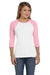 Bella + Canvas B2000 Womens 3/4 Sleeve Crewneck T-Shirt White/Pink Front