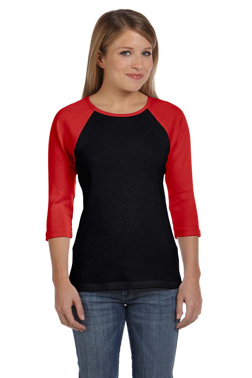 Bella + Canvas B2000 Womens 3/4 Sleeve Crewneck T-Shirt Black/Red Front