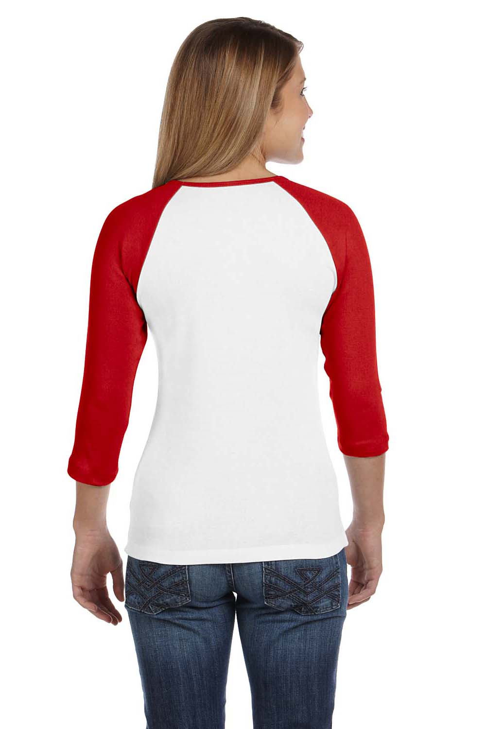 Bella + Canvas B2000 Womens 3/4 Sleeve Crewneck T-Shirt White/Red Back