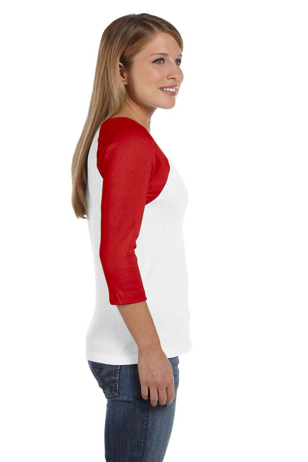 Bella + Canvas B2000 Womens 3/4 Sleeve Crewneck T-Shirt White/Red Side