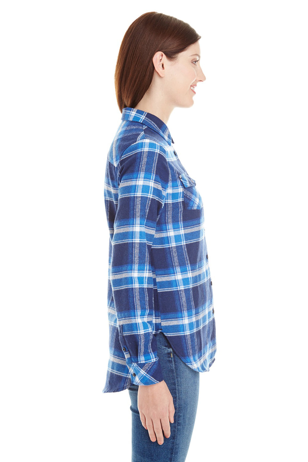 Burnside B5210 Womens Boyfriend Flannel Long Sleeve Button Down Shirt w/ Double Pockets Blue/White Side