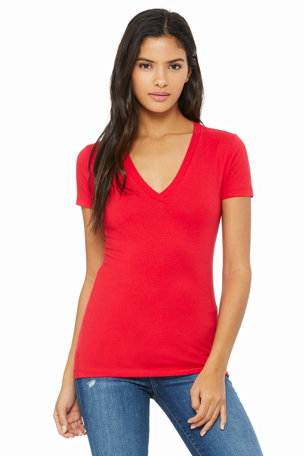 Bella + Canvas B6035 Womens Jersey Short Sleeve Deep V-Neck T-Shirt Red Front