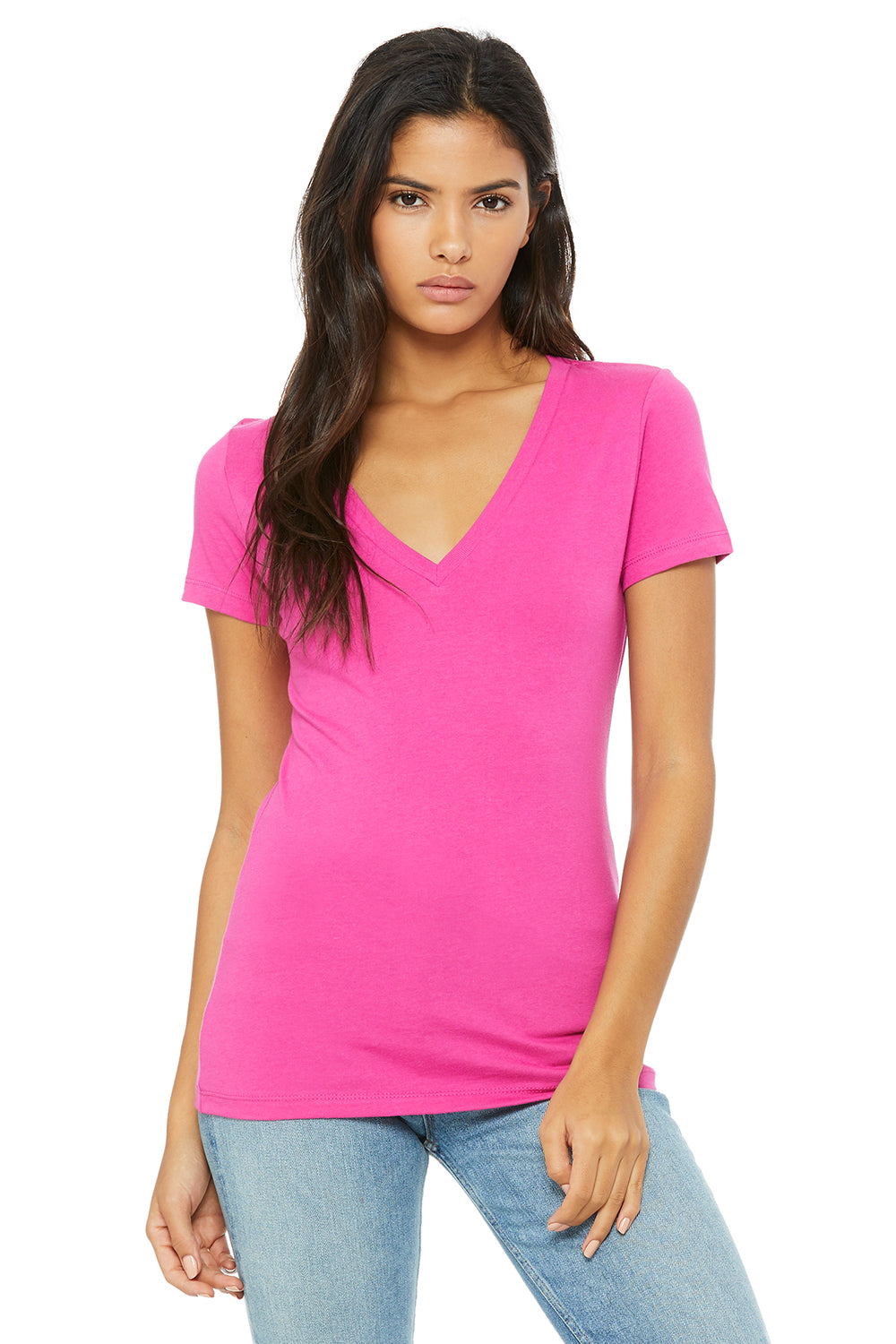 Bella + Canvas B6035 Womens Jersey Short Sleeve Deep V-Neck T-Shirt Berry Pink Front