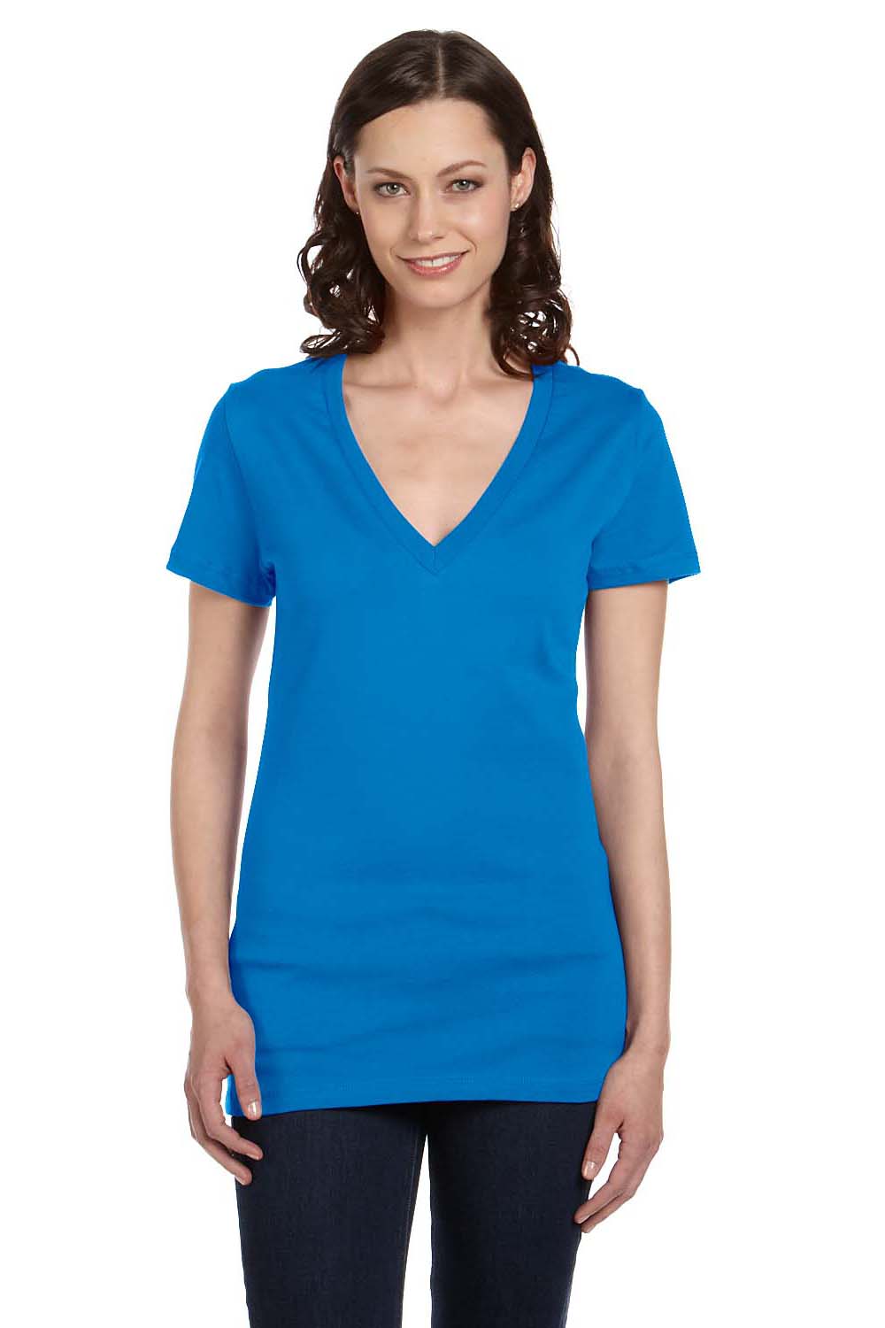 Bella + Canvas B6035 Womens Jersey Short Sleeve Deep V-Neck T-Shirt Neon Blue Front