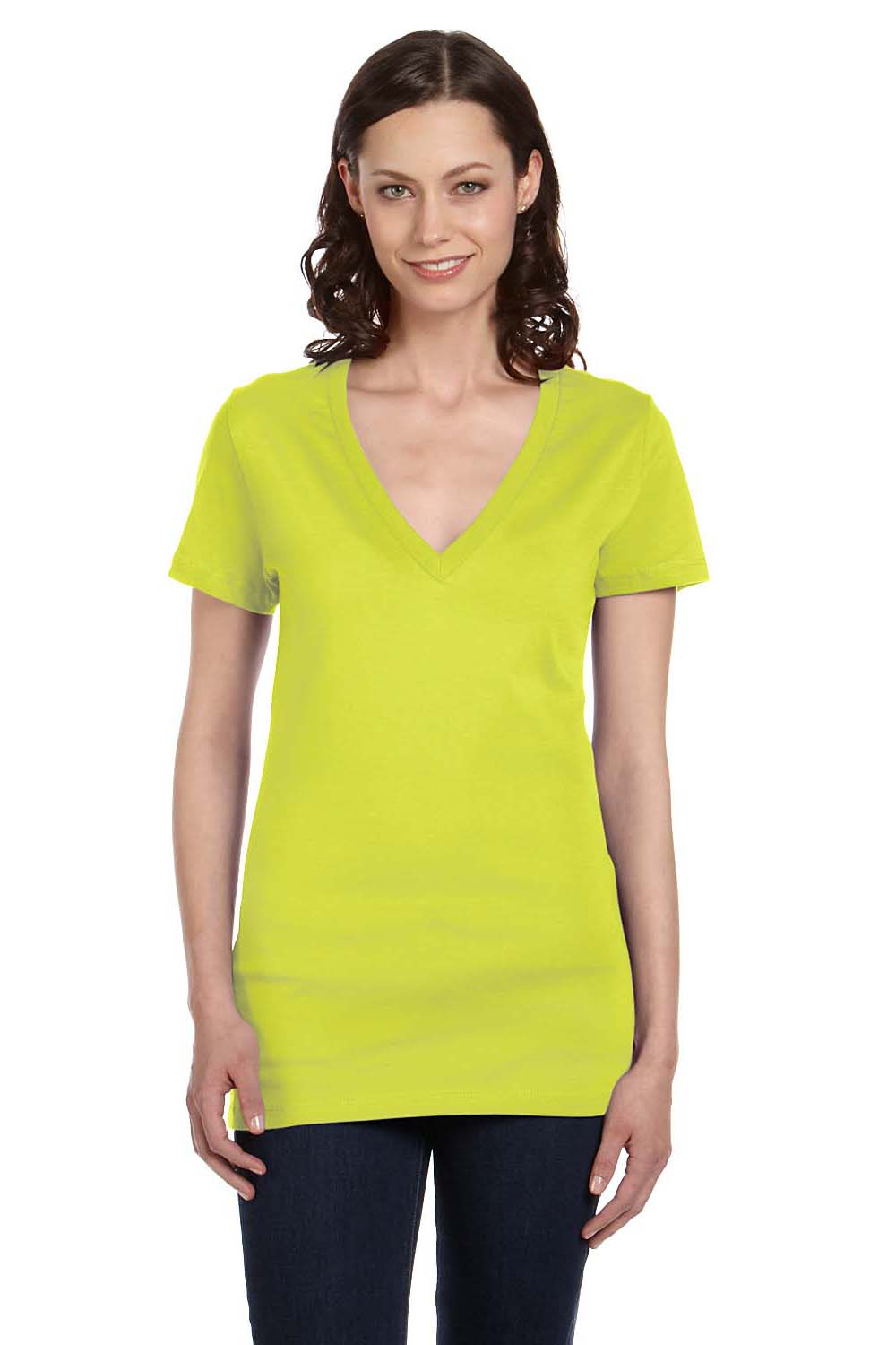 Bella + Canvas B6035 Womens Jersey Short Sleeve Deep V-Neck T-Shirt Neon Yellow Front