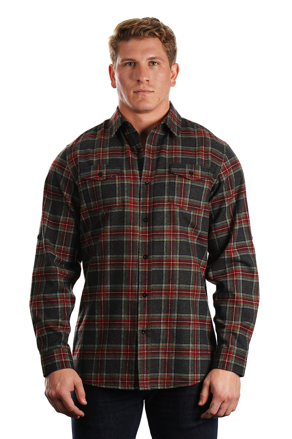 Burnside B8210/8210 Mens Flannel Long Sleeve Button Down Shirt w/ Double Pockets Grey/Red Front