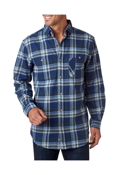 Backpacker BP7001 Mens Flannel Long Sleeve Button Down Shirt w/ Double Pockets Blue/Green Front