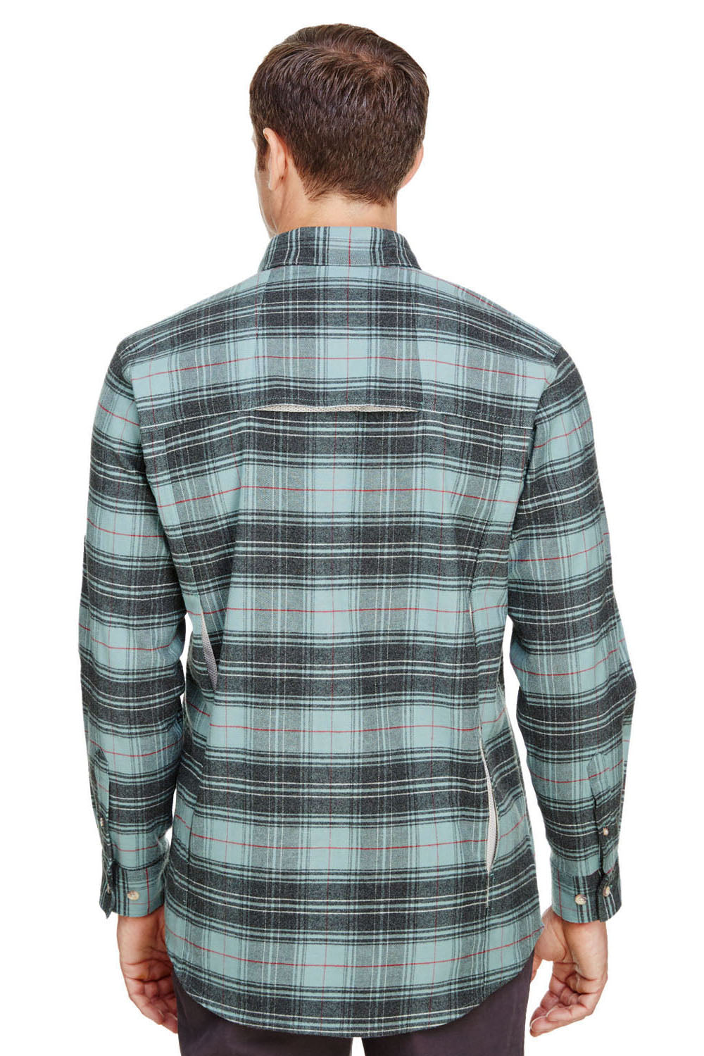 Backpacker BP7091 Mens Stretch Flannel Long Sleeve Button Down Shirt w/ Double Pockets Teal Blue Back