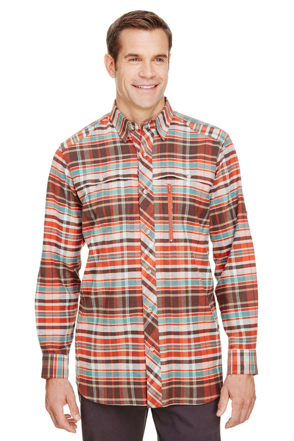 Backpacker BP7091 Mens Stretch Flannel Long Sleeve Button Down Shirt w/ Double Pockets Rust Red Front