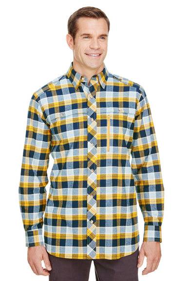 Backpacker BP7091 Mens Stretch Flannel Long Sleeve Button Down Shirt w/ Double Pockets Gold/Navy Front