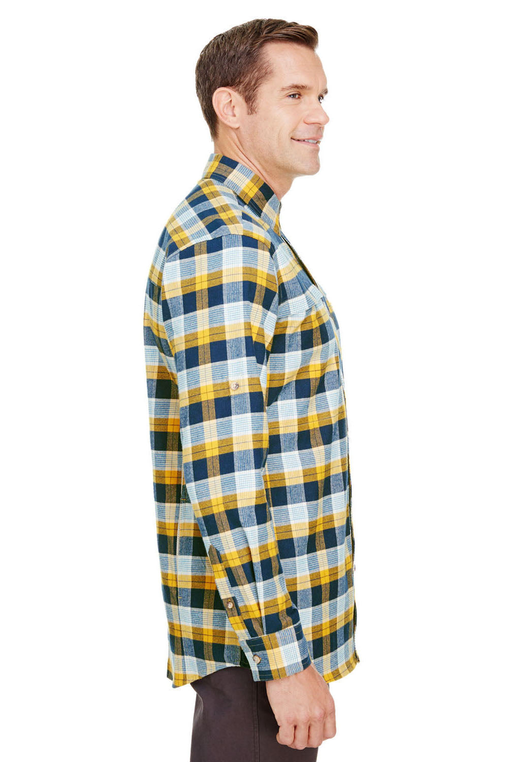 Backpacker BP7091 Mens Stretch Flannel Long Sleeve Button Down Shirt w/ Double Pockets Gold/Navy Side