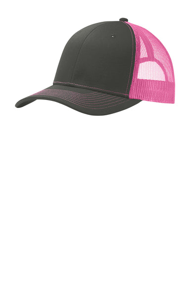 Port Authority C112 Mens Adjustable Trucker Hat Steel Grey/Neon Pink Front