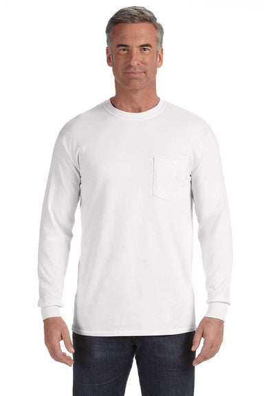 Comfort Colors C4410 Mens Long Sleeve Crewneck T-Shirt w/ Pocket White Front