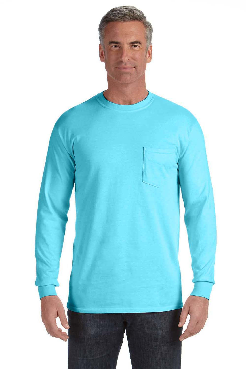 Comfort Colors C4410 Mens Long Sleeve Crewneck T-Shirt w/ Pocket Lagoon Blue Front
