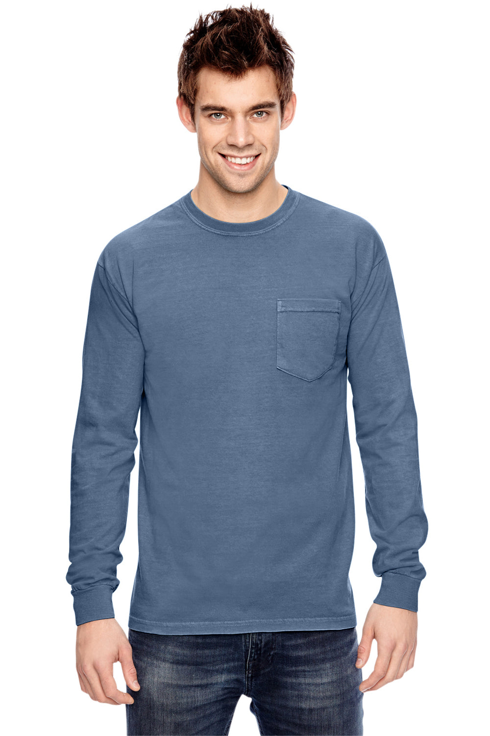 Comfort Colors C4410 Mens Long Sleeve Crewneck T-Shirt w/ Pocket Blue Jean Front