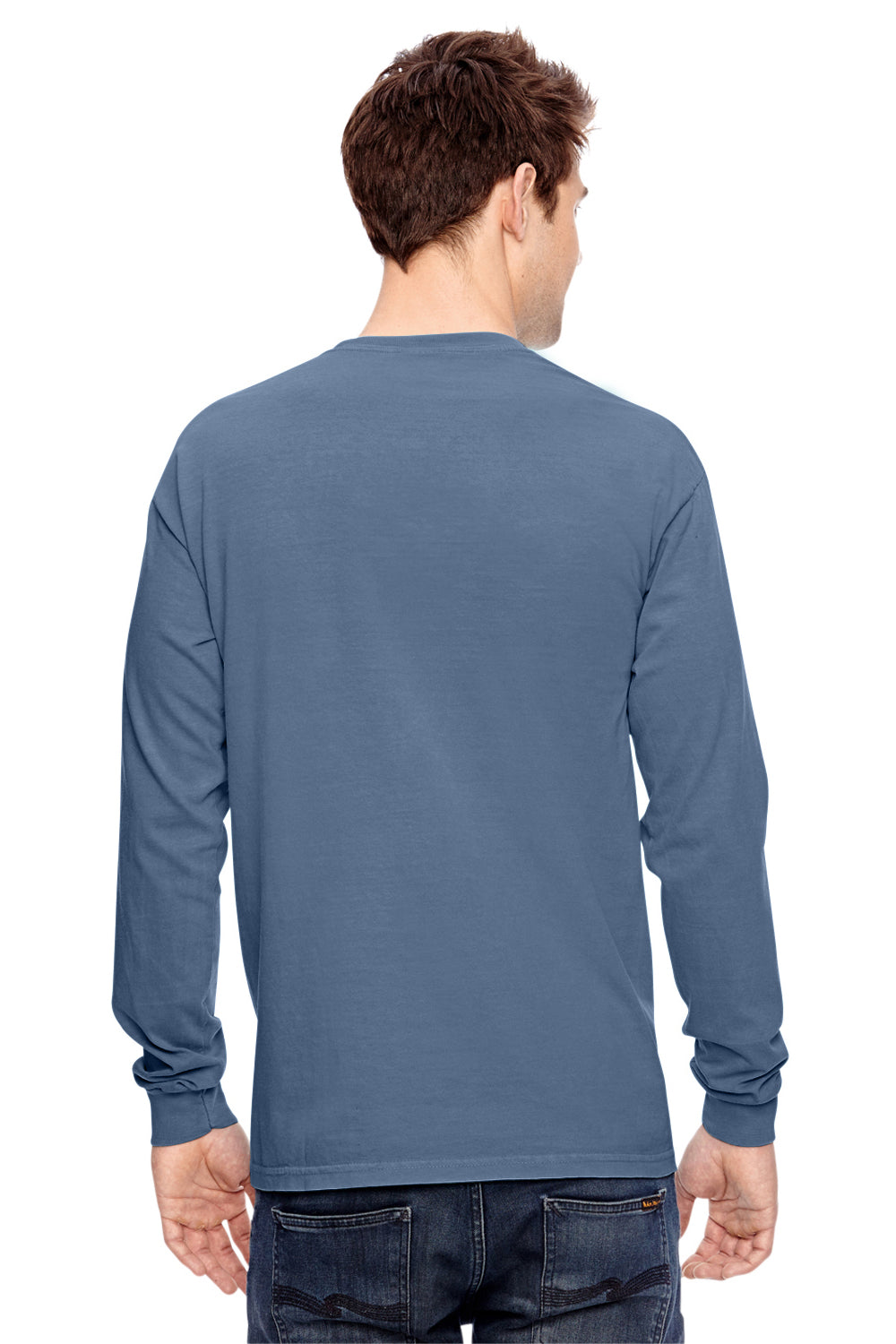 Comfort Colors C4410 Mens Long Sleeve Crewneck T-Shirt w/ Pocket Blue Jean Back