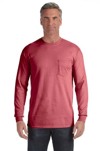 Comfort Colors C4410 Mens Long Sleeve Crewneck T-Shirt w/ Pocket Crimson Red Front