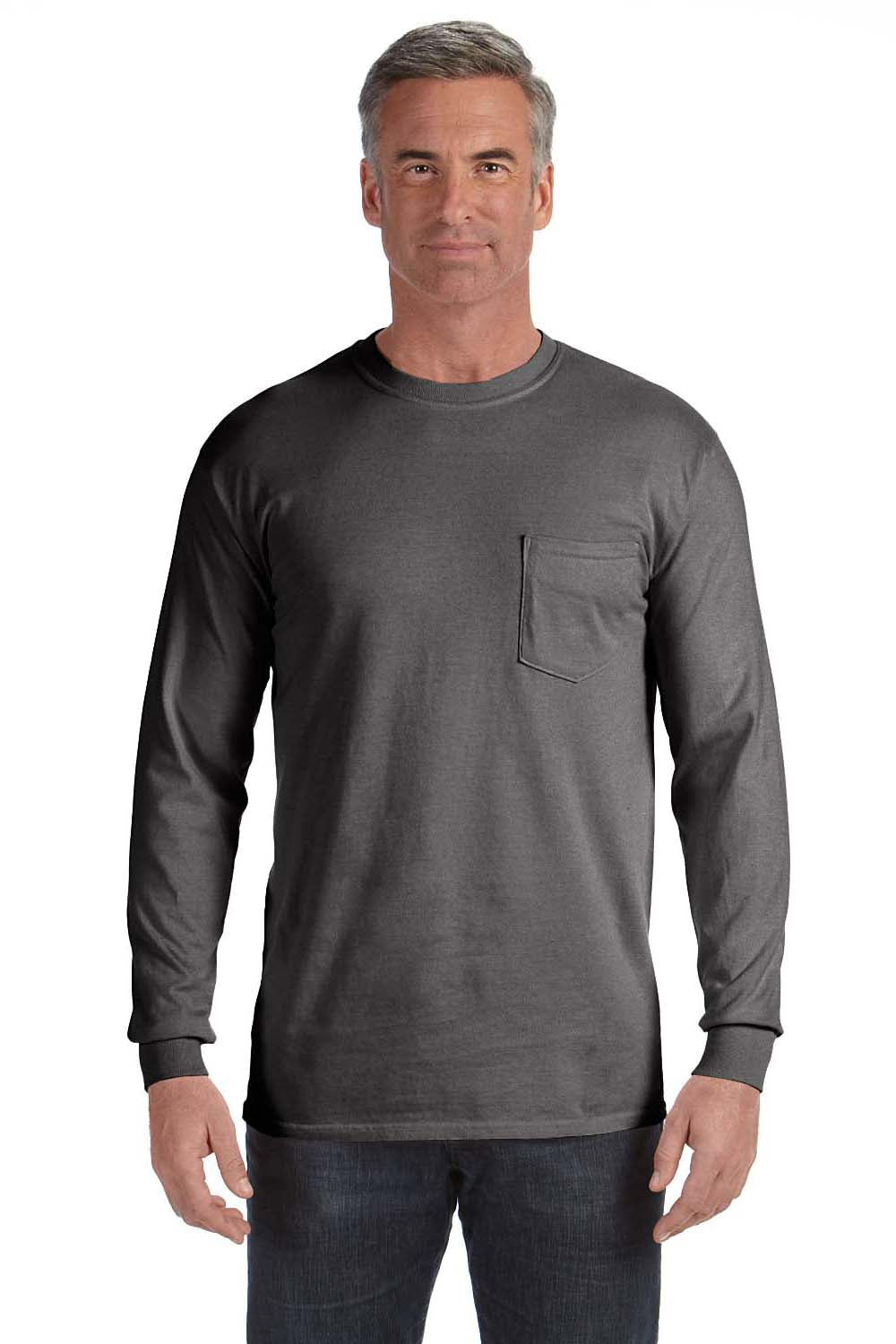 Comfort Colors C4410 Mens Long Sleeve Crewneck T-Shirt w/ Pocket Pepper Grey Front