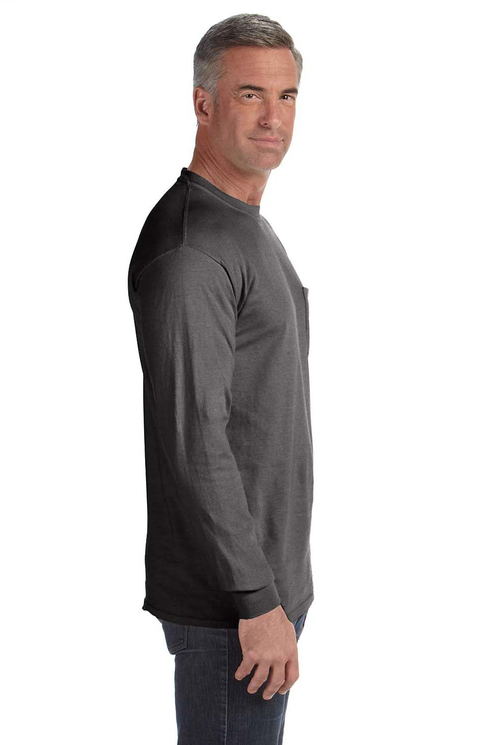 Comfort Colors C4410 Mens Long Sleeve Crewneck T-Shirt w/ Pocket Pepper Grey Side