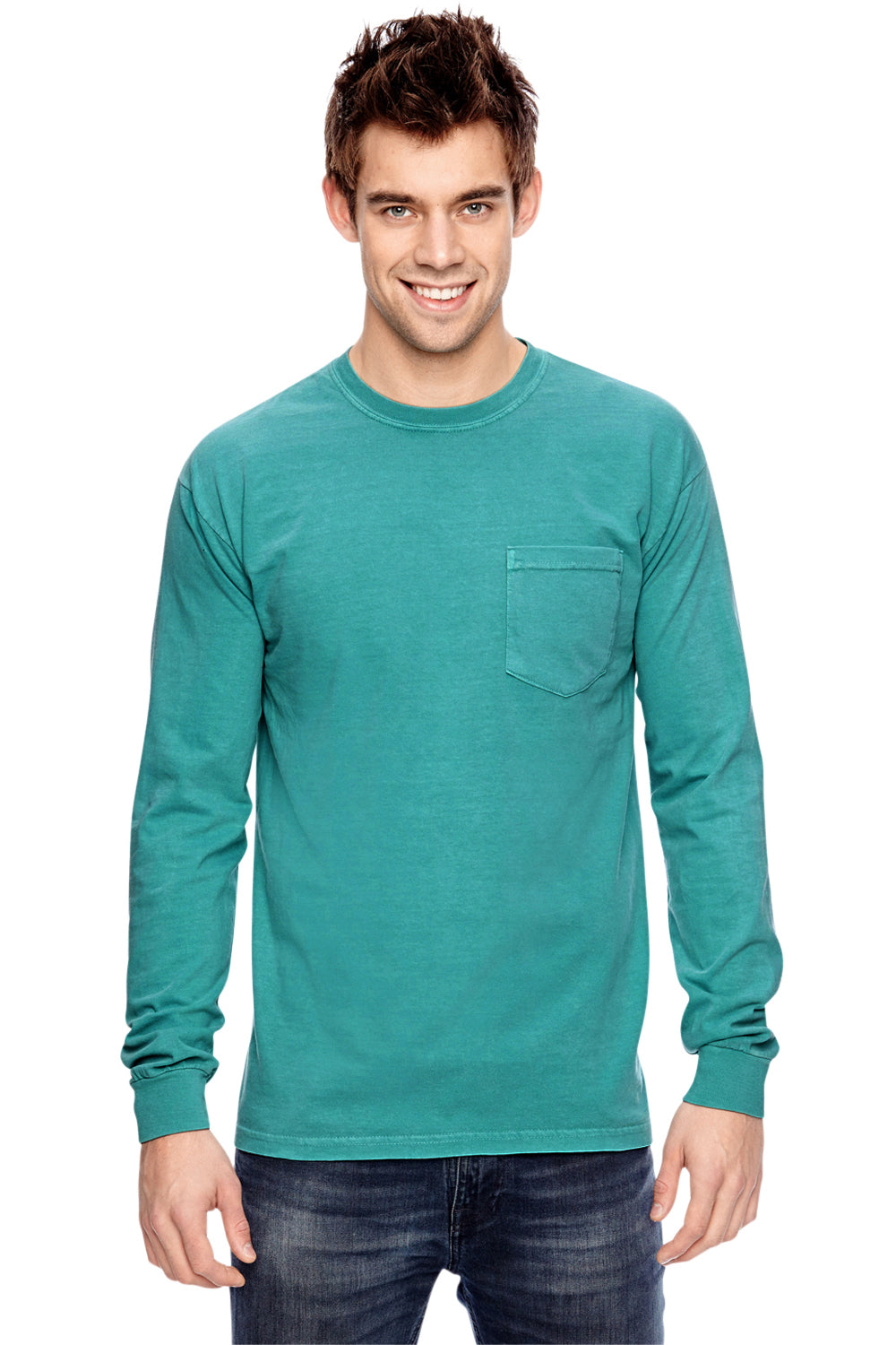 Comfort Colors C4410 Mens Long Sleeve Crewneck T-Shirt w/ Pocket Seafoam Green Front