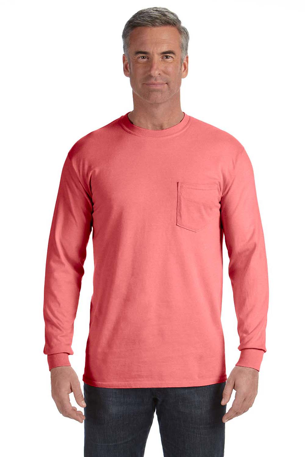 Comfort Colors C4410 Mens Long Sleeve Crewneck T-Shirt w/ Pocket Watermelon Pink Front