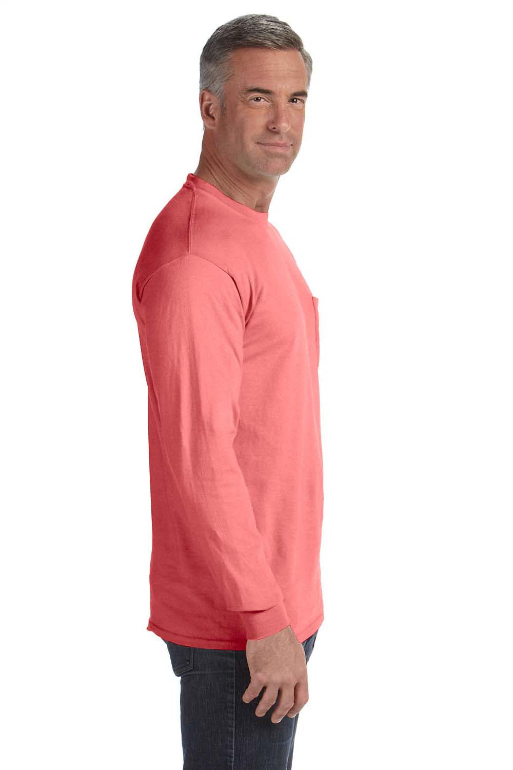Comfort Colors C4410 Mens Long Sleeve Crewneck T-Shirt w/ Pocket Watermelon Pink Side