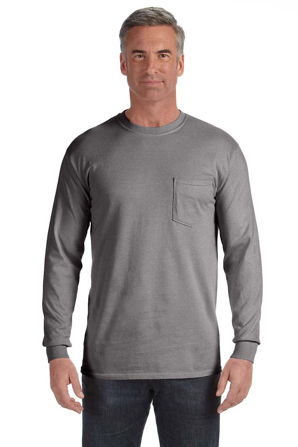 Comfort Colors C4410 Mens Long Sleeve Crewneck T-Shirt w/ Pocket Grey Front