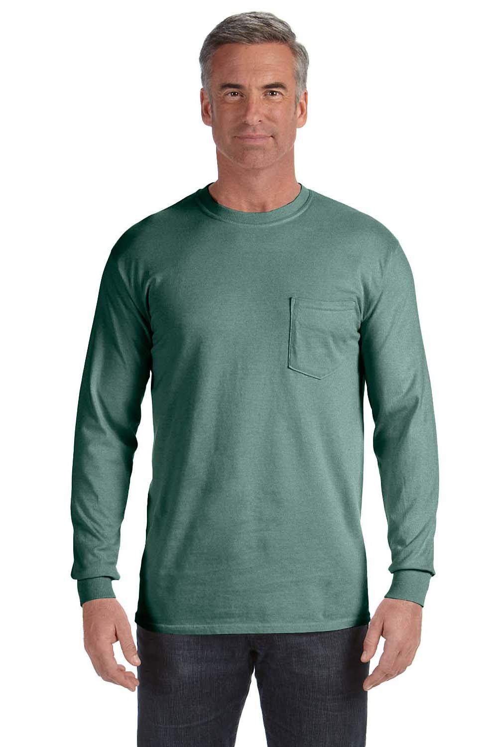 Comfort Colors C4410 Mens Long Sleeve Crewneck T-Shirt w/ Pocket Light Green Front