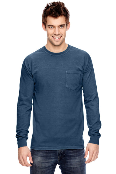 Comfort Colors C4410 Mens Long Sleeve Crewneck T-Shirt w/ Pocket Navy Blue Front
