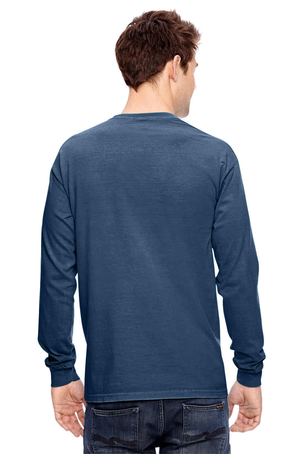 Comfort Colors C4410 Mens Long Sleeve Crewneck T-Shirt w/ Pocket Navy Blue Back