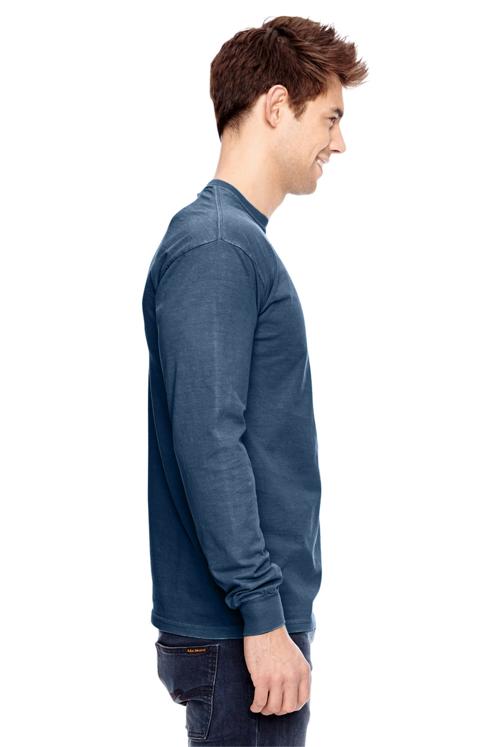 Comfort Colors C4410 Mens Long Sleeve Crewneck T-Shirt w/ Pocket Navy Blue Side