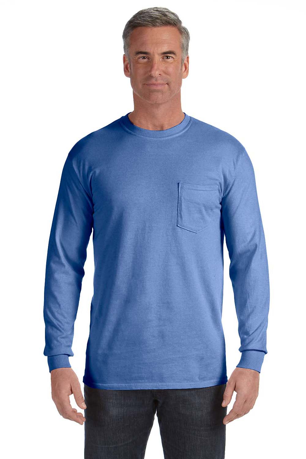 Comfort Colors C4410 Mens Long Sleeve Crewneck T-Shirt w/ Pocket Flo Blue Front