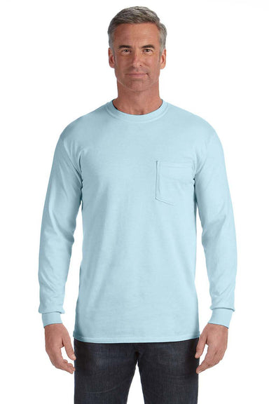Comfort Colors C4410 Mens Long Sleeve Crewneck T-Shirt w/ Pocket Chambray Blue Front