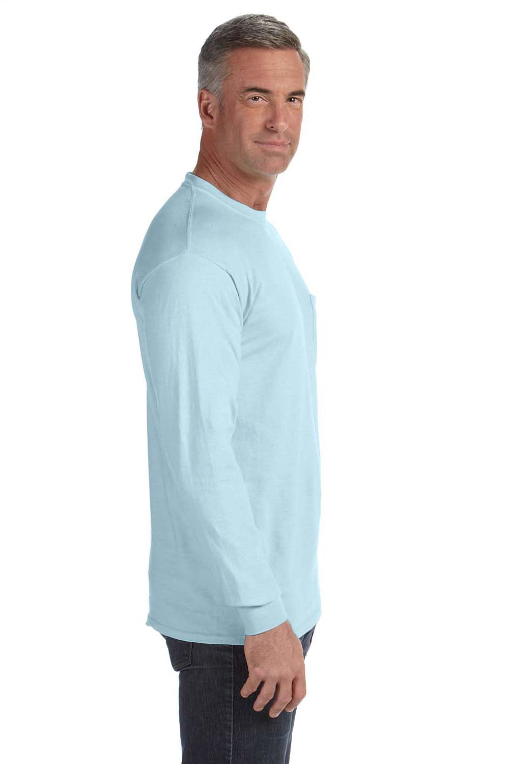 Comfort Colors C4410 Mens Long Sleeve Crewneck T-Shirt w/ Pocket Chambray Blue Side
