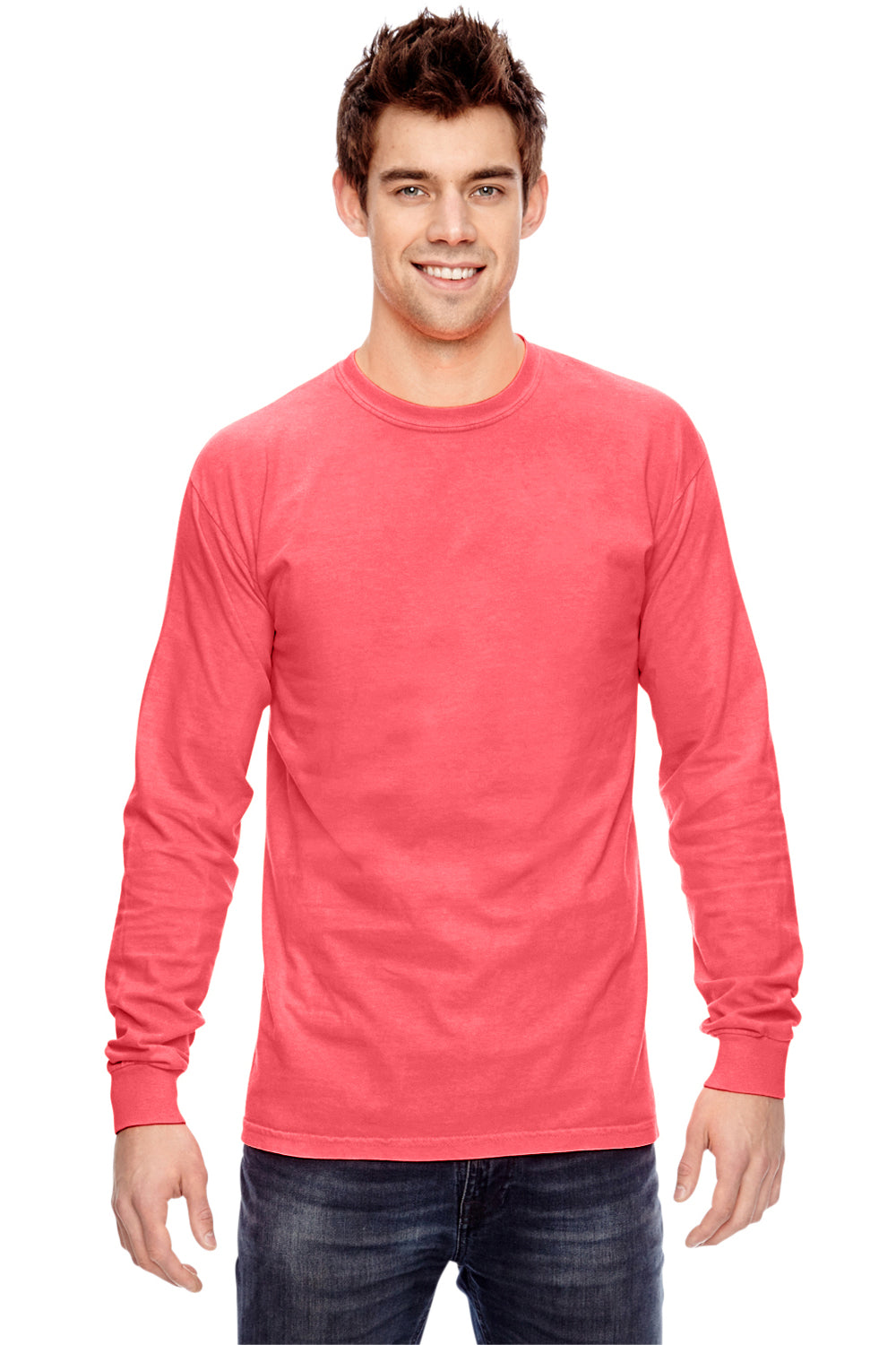 Comfort Colors C6014 Mens Long Sleeve Crewneck T-Shirt Neon Red Orange Front