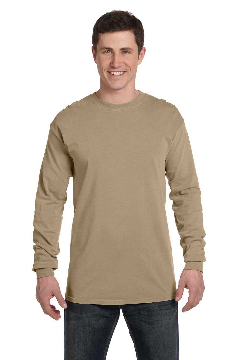 Comfort Colors C6014 Mens Long Sleeve Crewneck T-Shirt Khaki Brown Front
