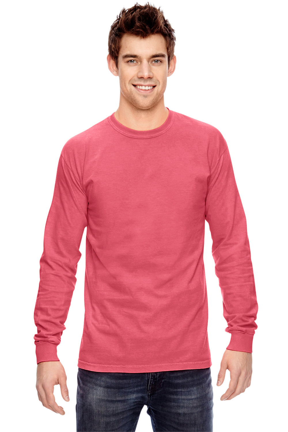 Comfort Colors C6014 Mens Long Sleeve Crewneck T-Shirt Watermelon Pink Front