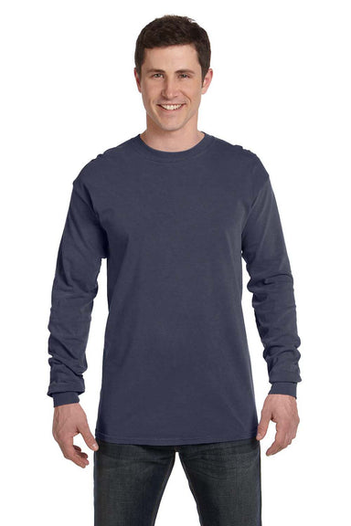 Comfort Colors C6014 Mens Long Sleeve Crewneck T-Shirt Denim Blue Front