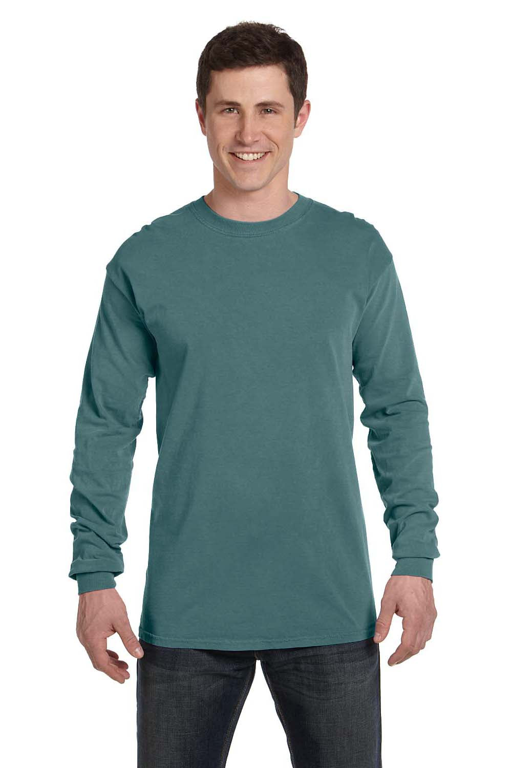 Comfort Colors C6014 Mens Long Sleeve Crewneck T-Shirt Blue Spruce Front