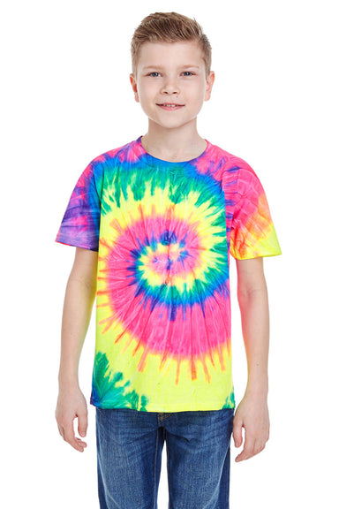 Tie-Dye CD100Y Youth Short Sleeve Crewneck T-Shirt Neon Rainbow Front