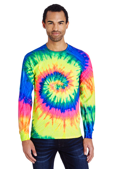 Tie-Dye CD2000 Mens Long Sleeve Crewneck T-Shirt Neon Rainbow Front