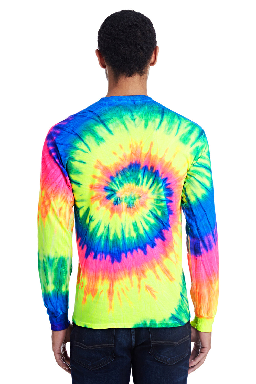 Tie-Dye CD2000 Mens Long Sleeve Crewneck T-Shirt Neon Rainbow Back
