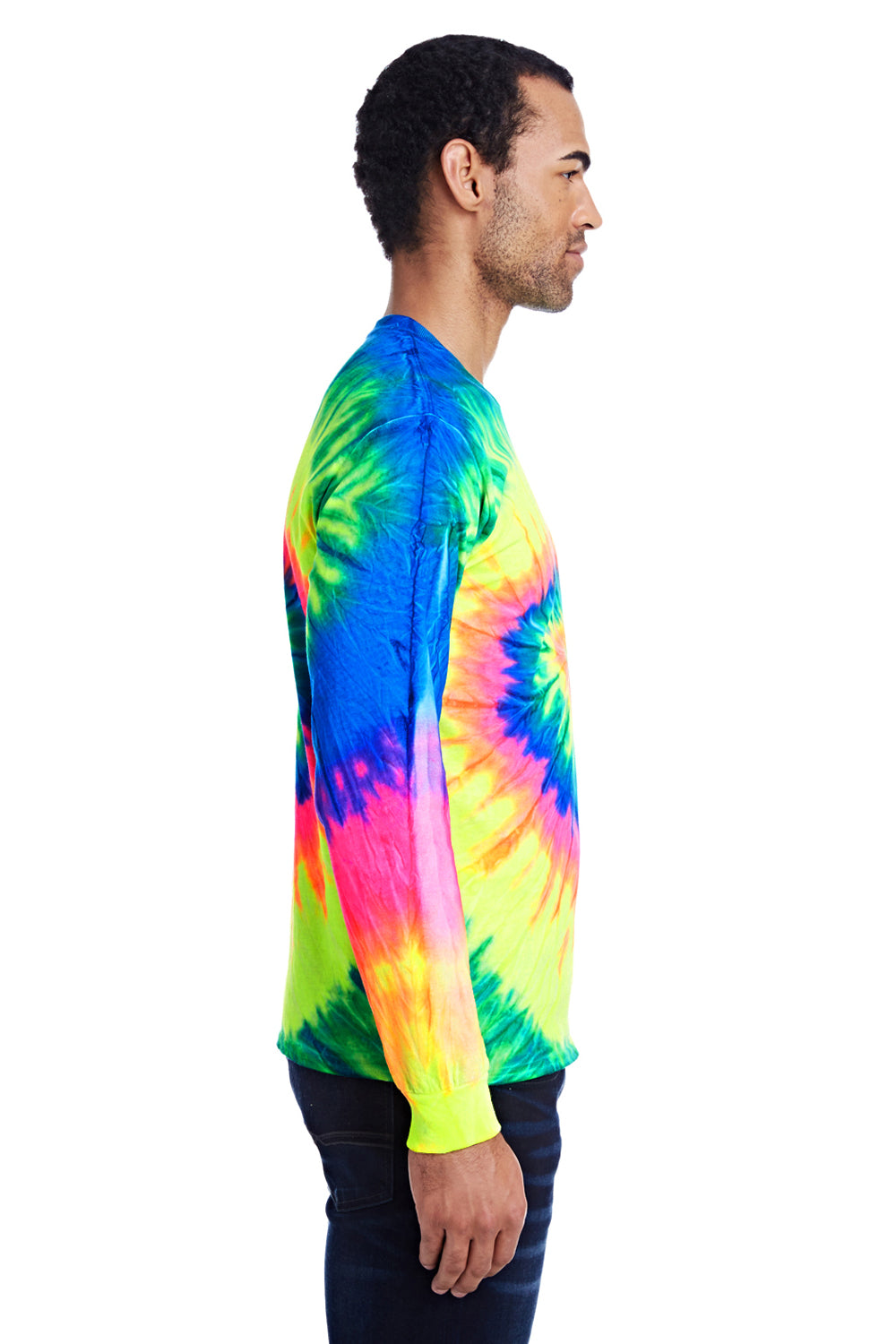 Tie-Dye CD2000 Mens Long Sleeve Crewneck T-Shirt Neon Rainbow Side