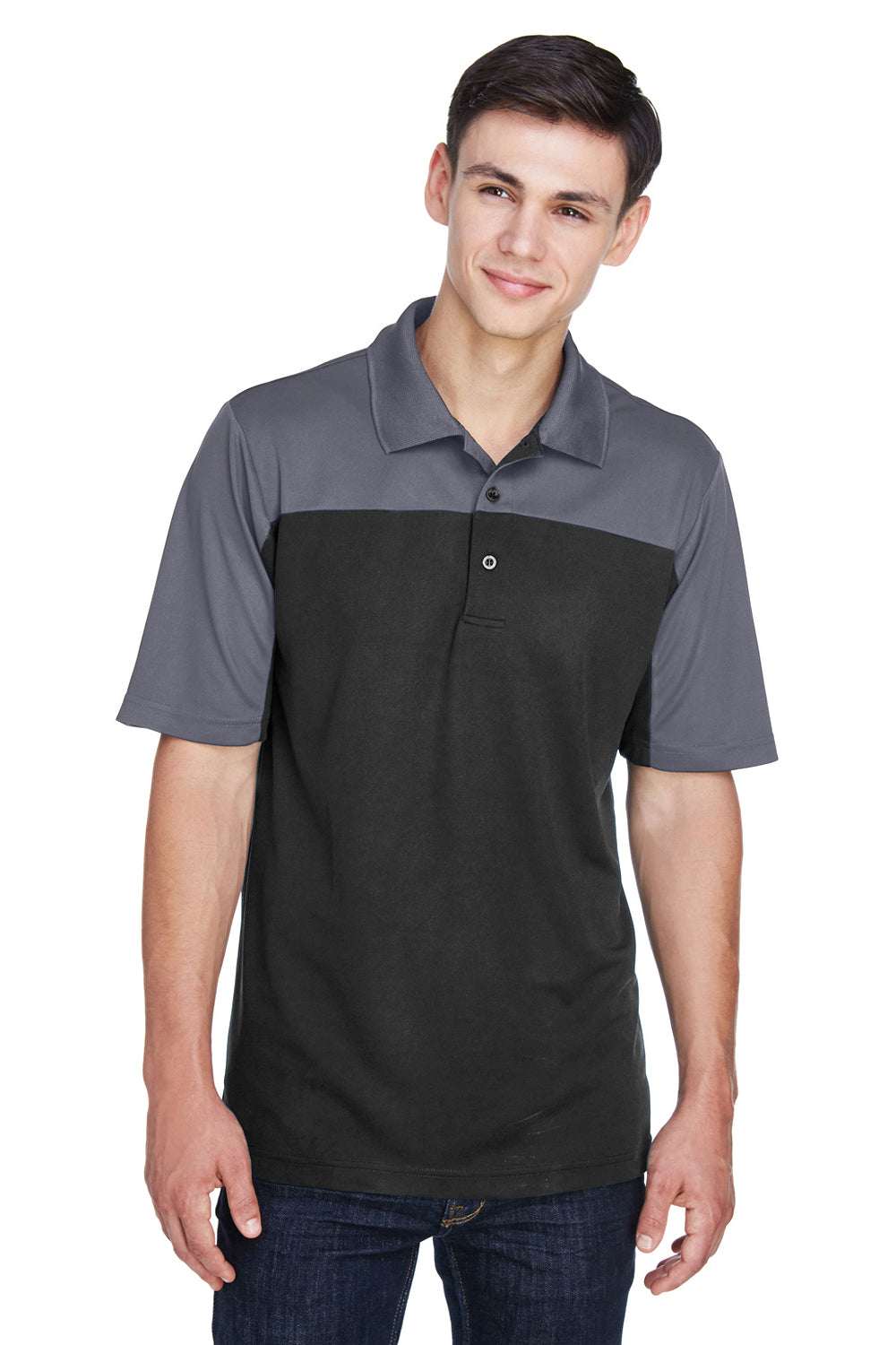 Core 365 CE101 Mens Balance Performance Moisture Wicking Short Sleeve Polo Shirt Black/Grey Front