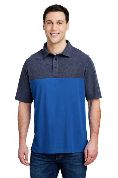 Core 365 CE112C Mens Fusion ChromaSoft Performance Moisture Wicking Colorblock Short Sleeve Polo Shirt True Royal Blue/Heather Navy Blue Front