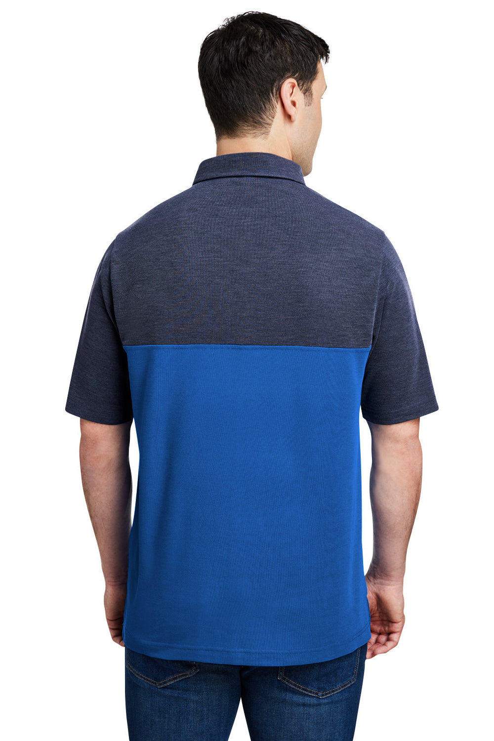 Core 365 CE112C Mens Fusion ChromaSoft Performance Moisture Wicking Colorblock Short Sleeve Polo Shirt True Royal Blue/Heather Navy Blue Back
