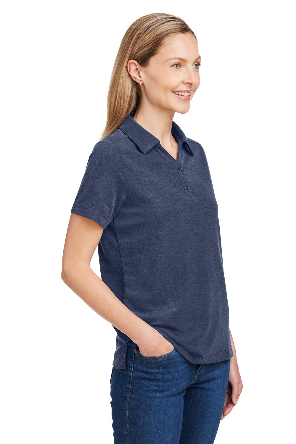 Core 365 CE112W Womens Fusion ChromaSoft Performance Moisture Wicking Pique Short Sleeve Polo Shirt Heather Classic Navy Blue 3Q
