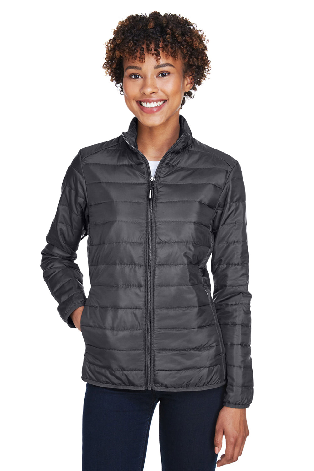 Core 365 CE700W Womens Prevail Packable Puffer Water Resistant Full Zip Jacket Carbon Grey Front