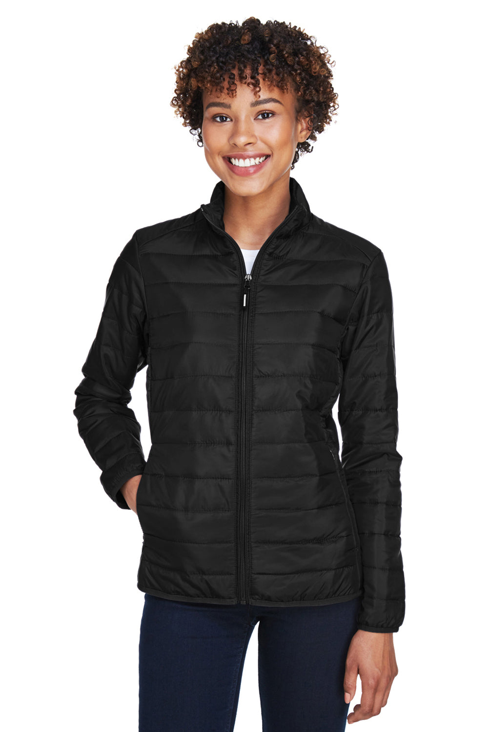 Core 365 CE700W Womens Prevail Packable Puffer Water Resistant Full Zip Jacket Black Front