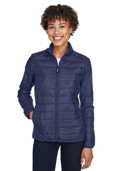 Core 365 CE700W Womens Prevail Packable Puffer Water Resistant Full Zip Jacket Navy Blue Front